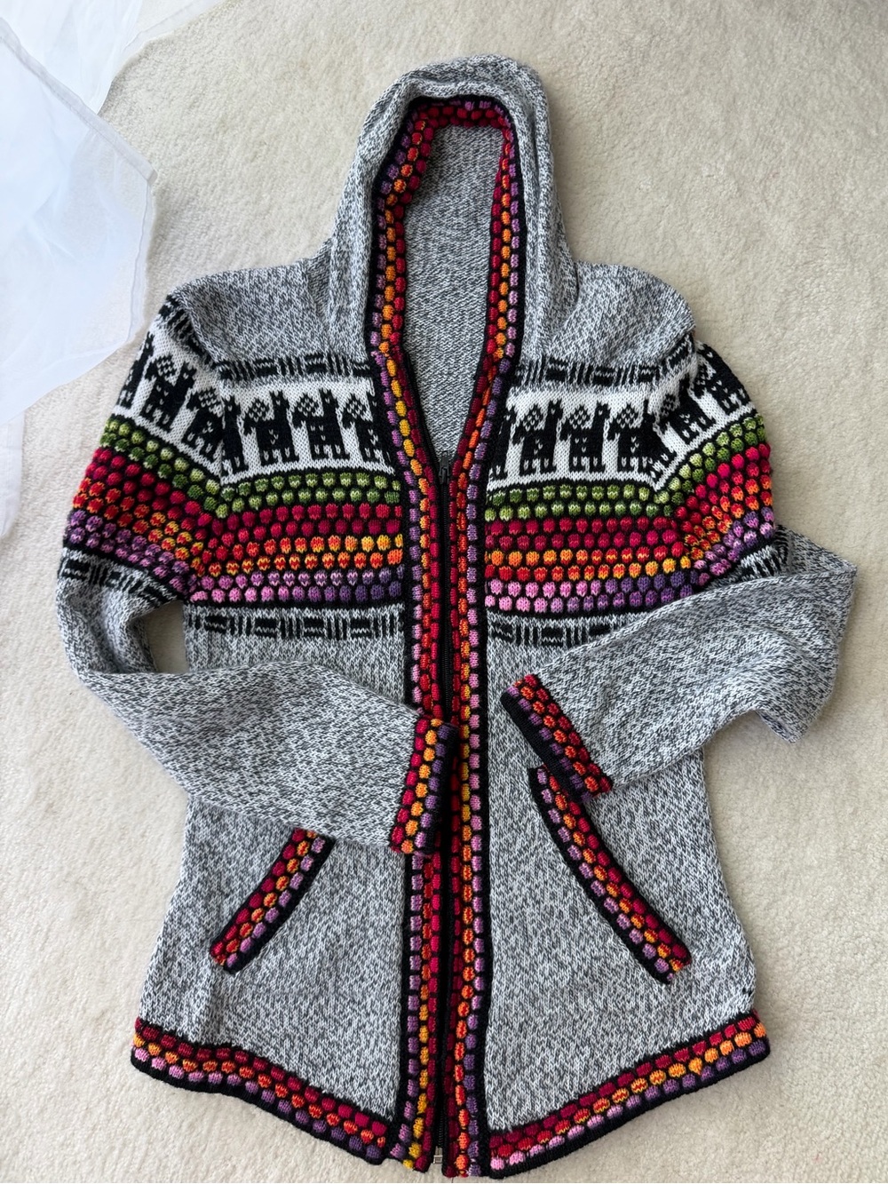 Peruvian Alpaca Hooded Gray Fair Isle Knit Sweater with Multicolor Trim